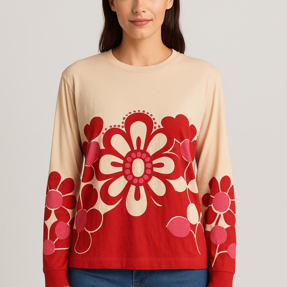 Anthropologie Women’s Beige Red Pink Floral Long Sleeve Top Size Medium